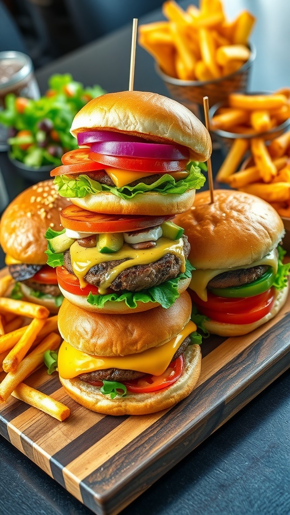 A variety of gourmet burgers with colorful toppings and sides on a platter.